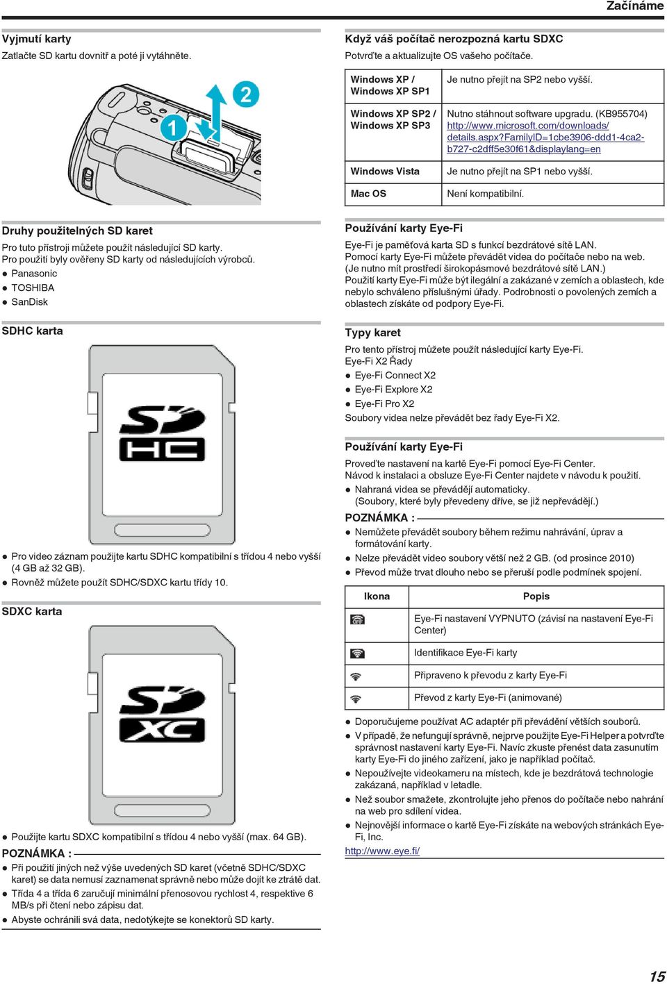 familyid=1cbe3906-ddd1-4ca2- b727-c2dff5e30f61&displaylang=en Je nutno přejít na SP1 nebo vyšší Není kompatibilní Druhy použitelných SD karet Pro tuto přístroji můžete použít následující SD karty Pro