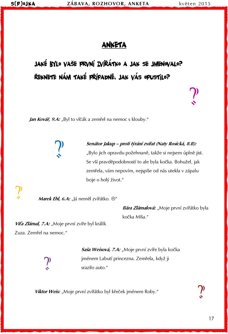 Bohuţel, jak zemřela, vám nepovím, nejspíše od nás utekla v zápalu boje o holý ţivot.? Marek Ehl, 6.A: Já neměl zvířátko.