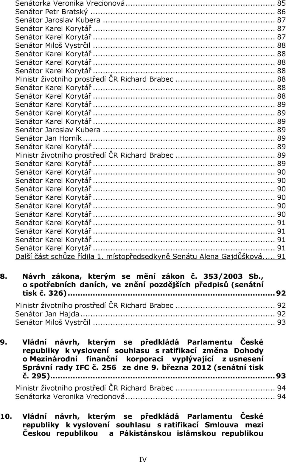 .. 89 Senátor Karel Korytář... 89 Senátor Jaroslav Kubera... 89 Senátor Jan Horník... 89 Senátor Karel Korytář... 89 Ministr životního prostředí ČR Richard Brabec... 89 Senátor Karel Korytář... 89 Senátor Karel Korytář... 90 Senátor Karel Korytář.