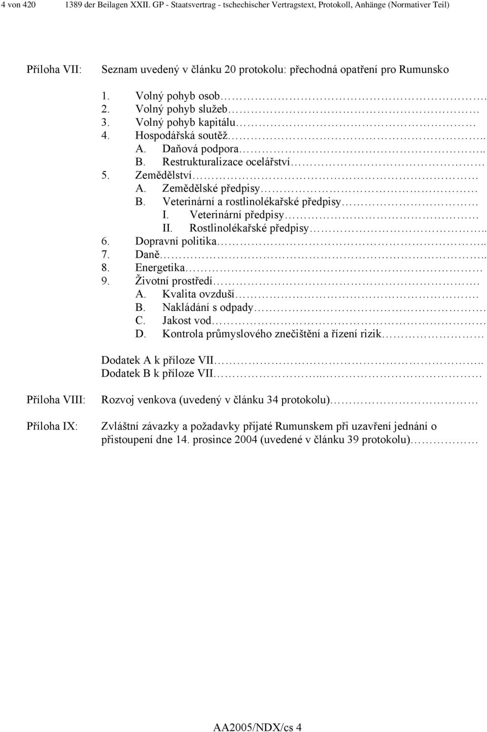 Volný pohyb kapitálu 4. Hospodářská soutěž.. A. Daňová podpora.. B. Restrukturalizace ocelářství 5. Zemědělství A. Zemědělské předpisy B. Veterinární a rostlinolékařské předpisy I.