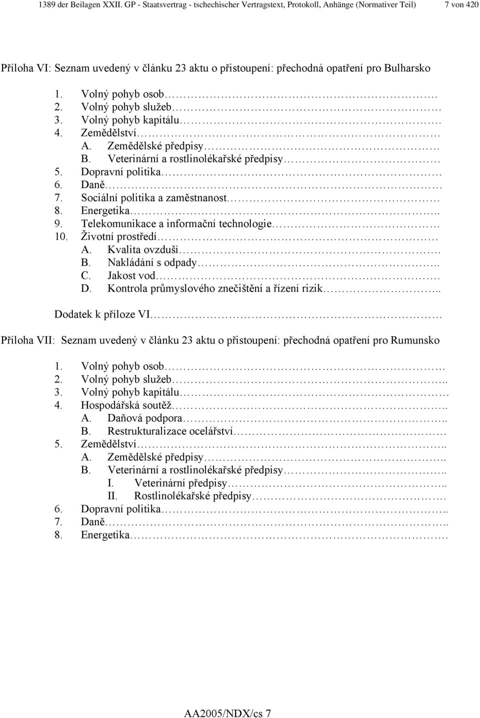 Volný pohyb osob. 2. Volný pohyb služeb 3. Volný pohyb kapitálu. 4. Zemědělství A. Zemědělské předpisy B. Veterinární a rostlinolékařské předpisy 5. Dopravní politika 6. Daně 7.