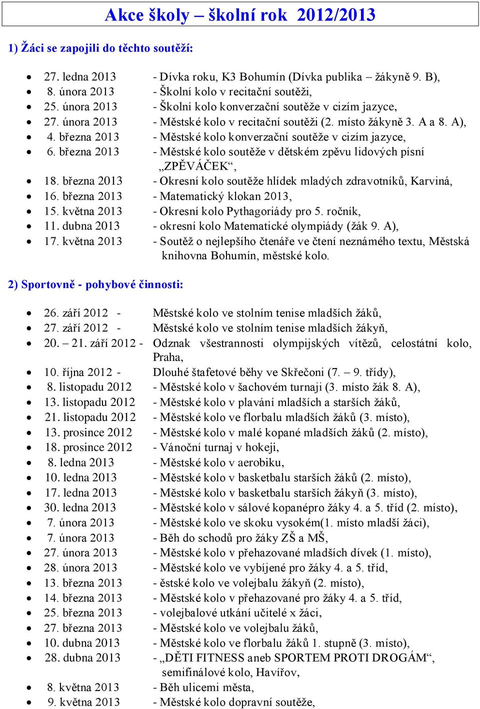 března 2013 - Městské kolo konverzační soutěže v cizím jazyce, 6. března 2013 - Městské kolo soutěže v dětském zpěvu lidových písní ZPĚVÁČEK, 18.