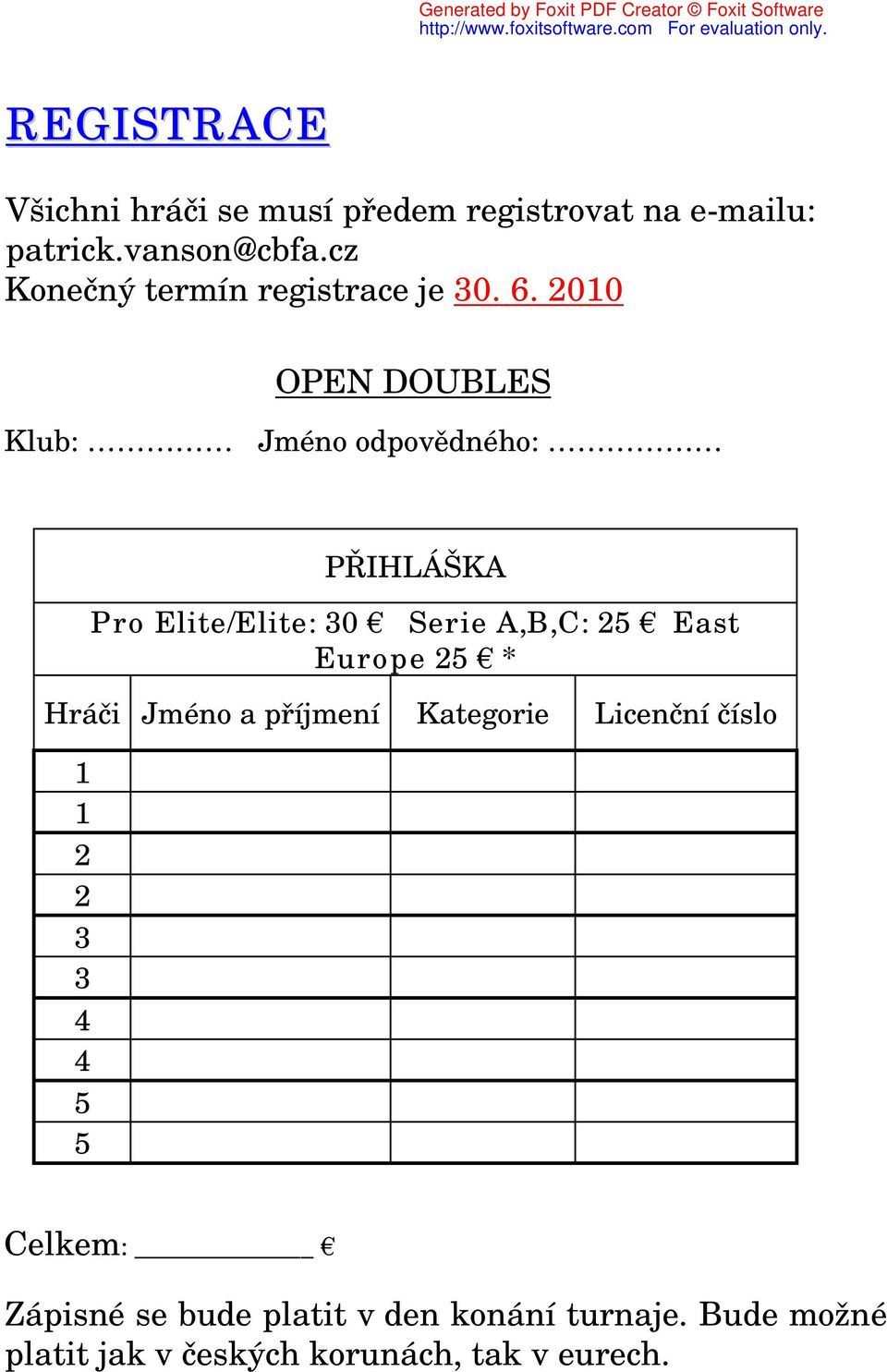 2010 OPEN DOUBLES Klub: Jméno odpovědného: PŘIHLÁŠKA Pro Elite/Elite: 30 Serie A,B,C: 25 East Europe