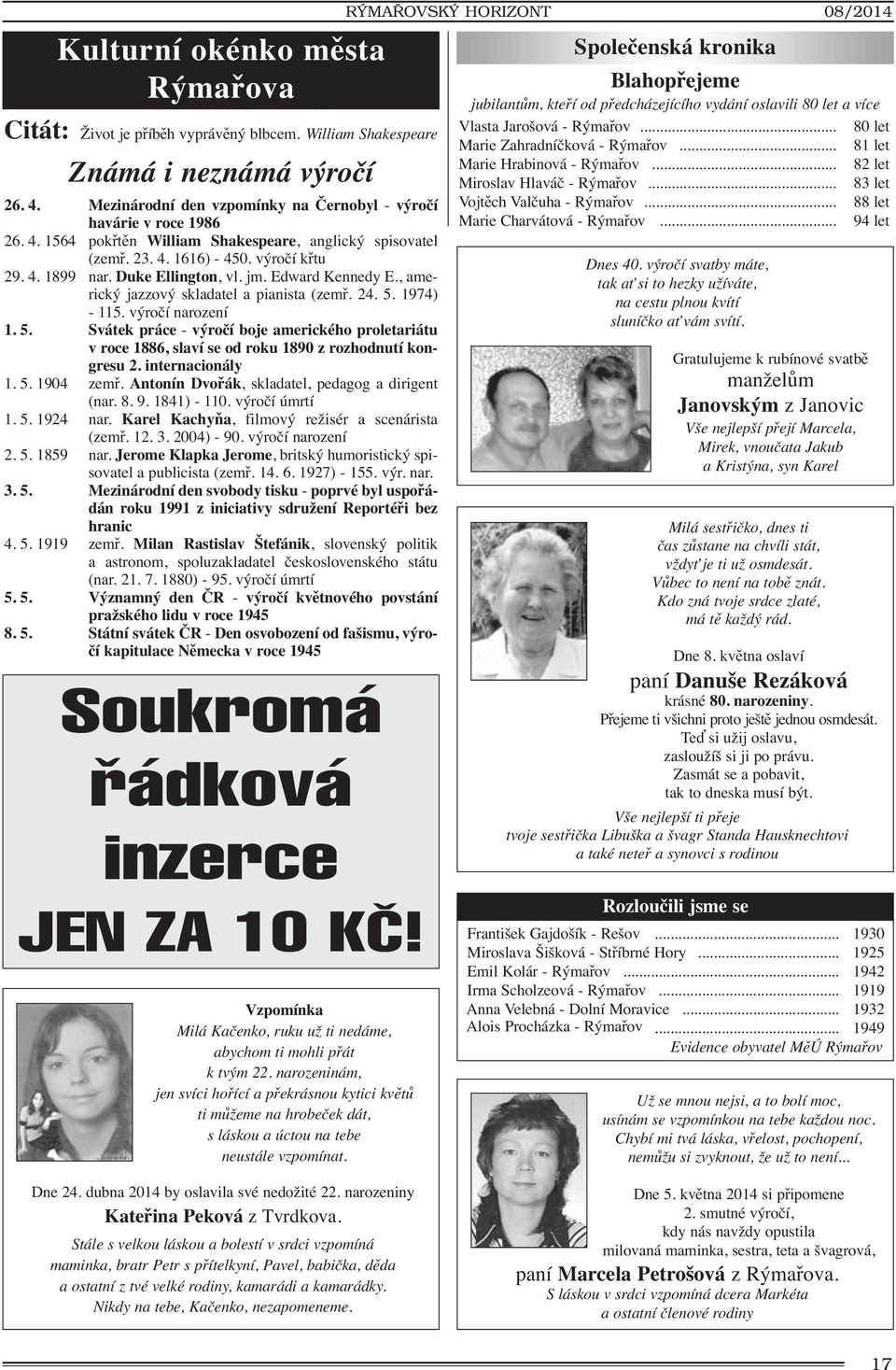 1974) - 115. výročí narození 1. 5. Svátek práce - výročí boje amerického proletariátu v roce 1886, slaví se od roku 1890 z rozhodnutí kongresu 2. internacionály 1. 5. 1904 zemř.