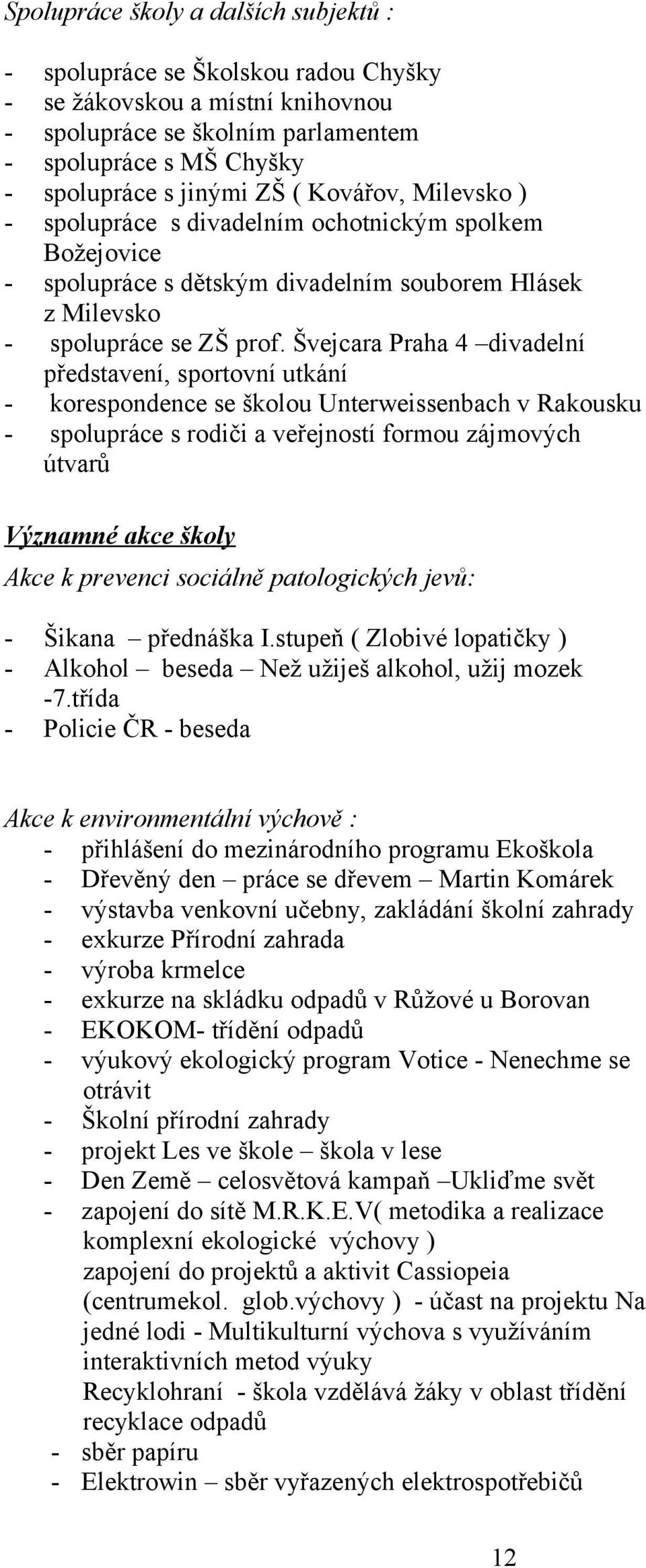 Švejcara Praha 4 divadelní představení, sportovní utkání - korespondence se školou Unterweissenbach v Rakousku - spolupráce s rodiči a veřejností formou zájmových útvarů Významné akce školy Akce k