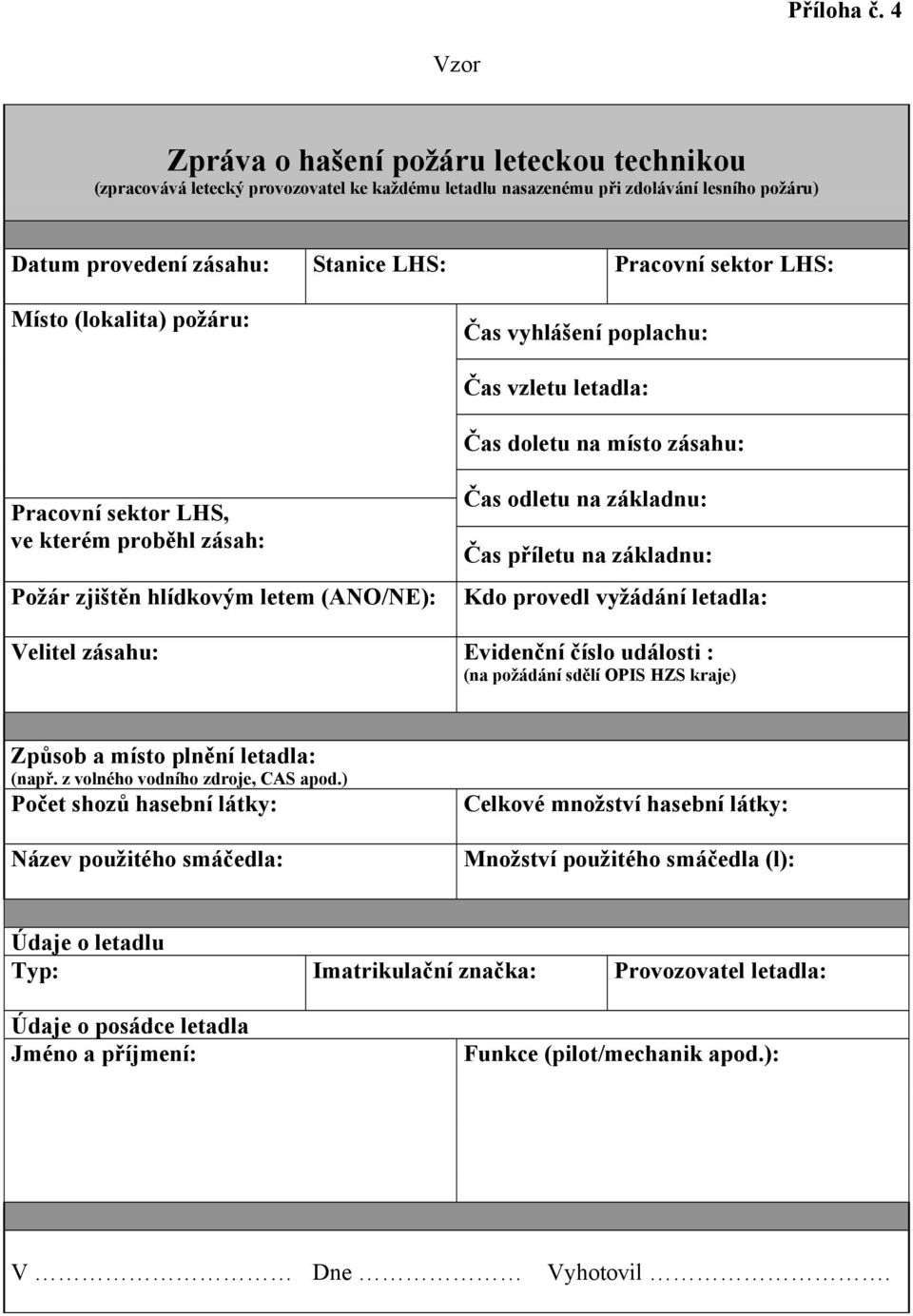 Místo (lokalita) požáru: Čas vyhlášení poplachu: Čas vzletu letadla: Čas doletu na místo zásahu: Pracovní sektor LHS, ve kterém proběhl zásah: Požár zjištěn hlídkovým letem (ANO/NE): Čas odletu na