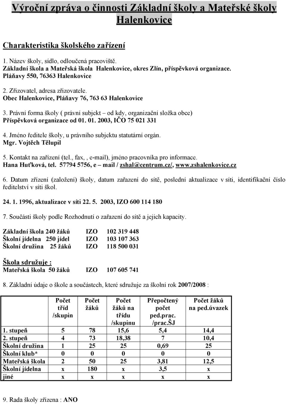 Právní forma školy ( právní subjekt od kdy, organizační složka obce) Příspěvková organizace od 01. 01. 2003, IČO 75 021 331 4. Jméno ředitele školy, u právního subjektu statutární orgán. Mgr.