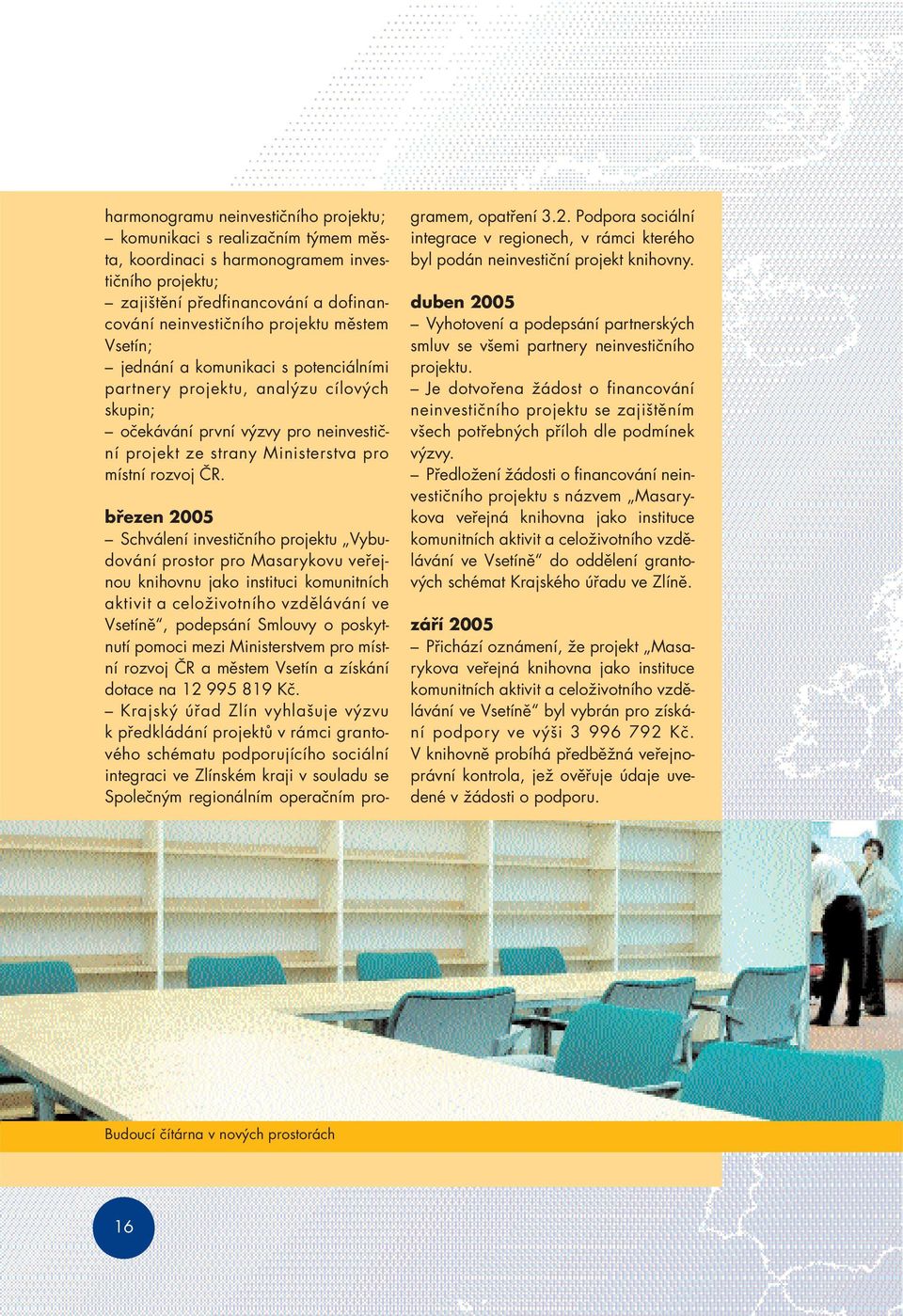 březen 2005 Schválení investičního projektu Vybudování prostor pro Masarykovu veřejnou knihovnu jako instituci komunitních aktivit a celoživotního vzdělávání ve Vsetíně, podepsání Smlouvy o