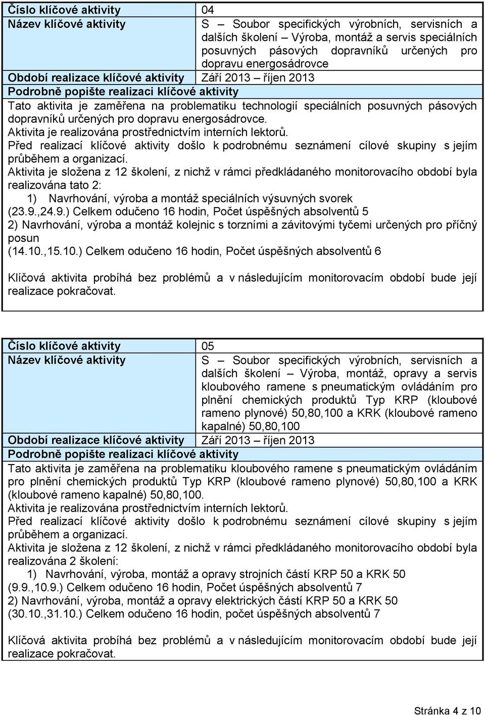 Aktivita je složena z 12 školení, z nichž v rámci předkládaného monitorovacího období byla realizována tato 2: 1) Navrhování, výroba a montáž speciálních výsuvných svorek (23.9.