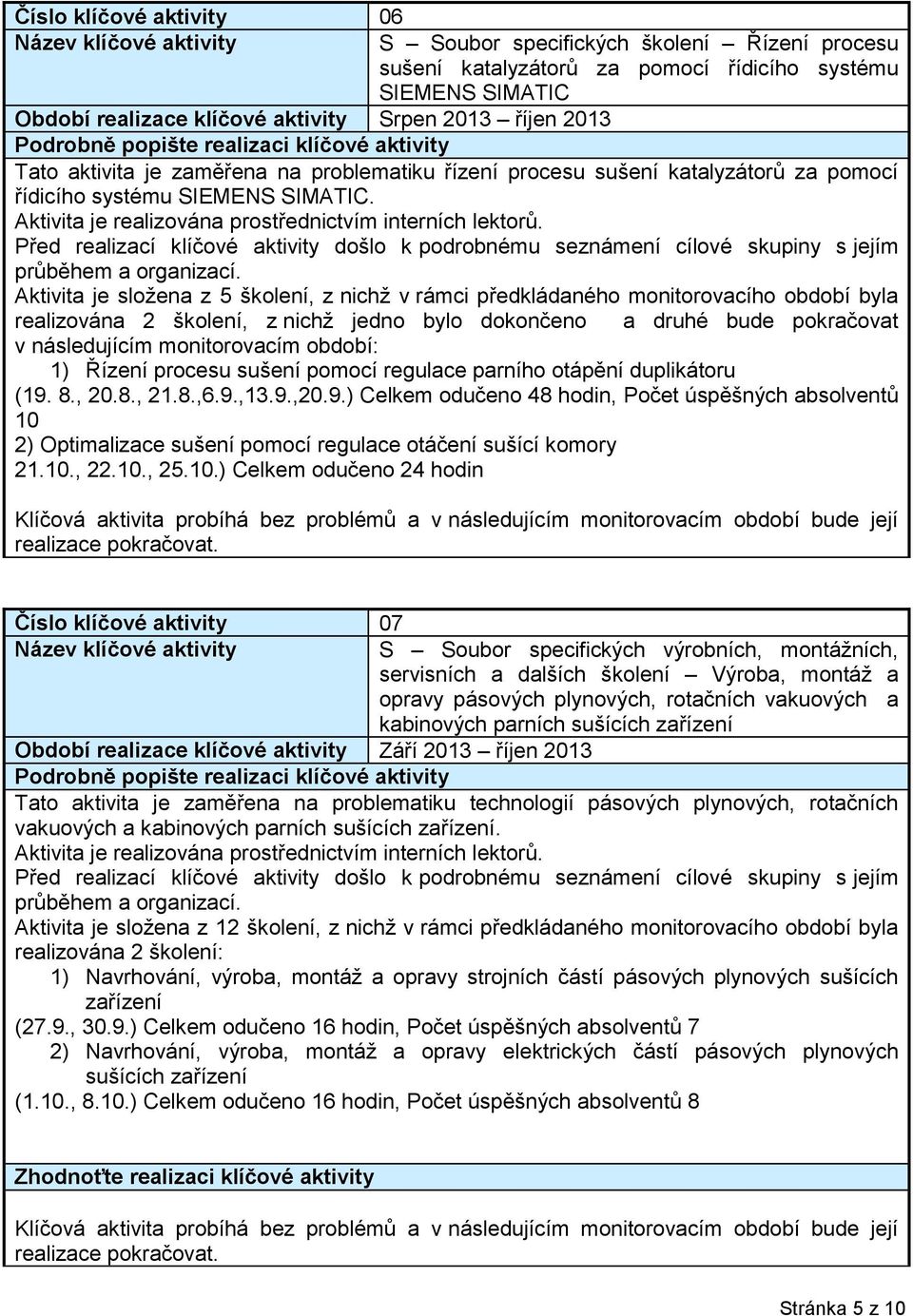 Aktivita je složena z 5 školení, z nichž v rámci předkládaného monitorovacího období byla realizována 2 školení, z nichž jedno bylo dokončeno a druhé bude pokračovat v následujícím monitorovacím