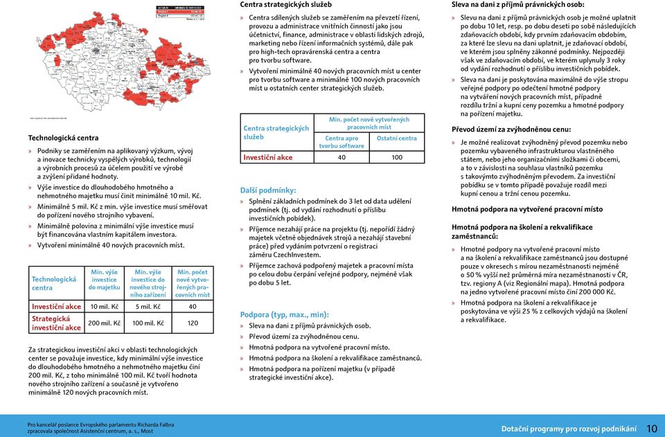 Minimálně polovina z minimální výše investice musí být financována vlastním kapitálem investora. Vytvoření minimálně 40 nových pracovních míst. Technologická centra Min. výše investice do majetku Min.