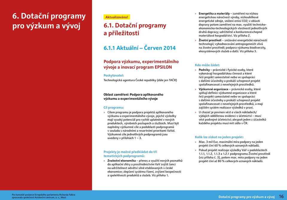 1 Aktuální Červen 2014 Podpora výzkumu, experimentálního vývoje a inovací program EPSILON Poskytovatel: Technologická agentura České republiky (dále jen TAČR) Oblast zaměření: Podpora aplikovaného