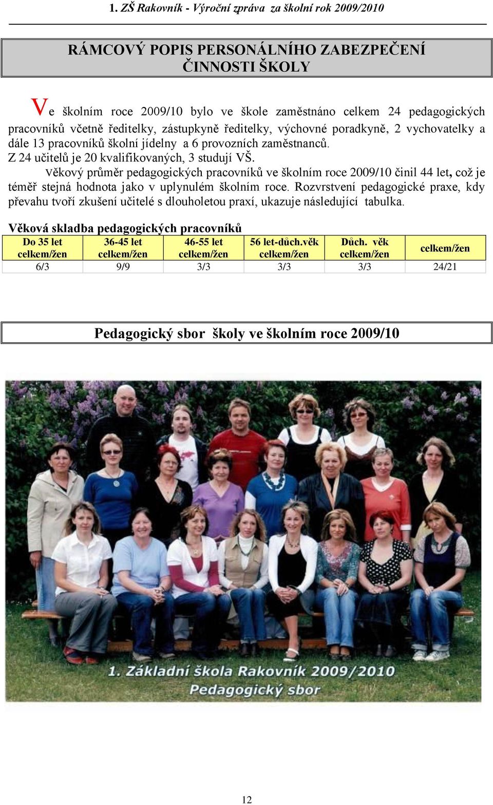 Věkový průměr pedagogických pracovníků ve školním roce 2009/10 činil 44 let, coţ je téměř stejná hodnota jako v uplynulém školním roce.