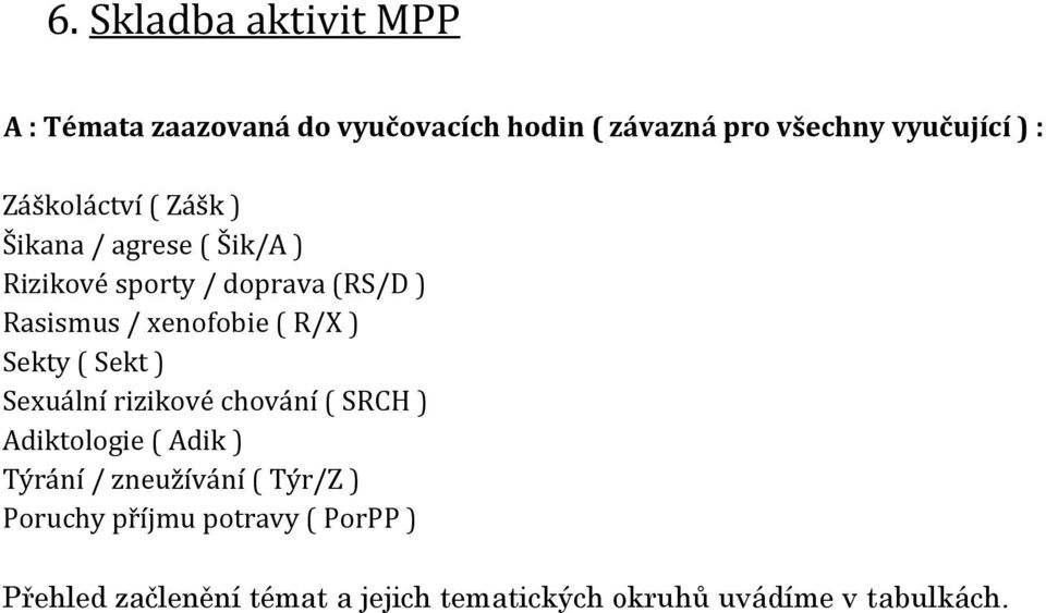 R/X ) Sekty ( Sekt ) Sexuální rizikové chování ( SRCH ) Adiktologie ( Adik ) Týrání / zneužívání ( Týr/Z