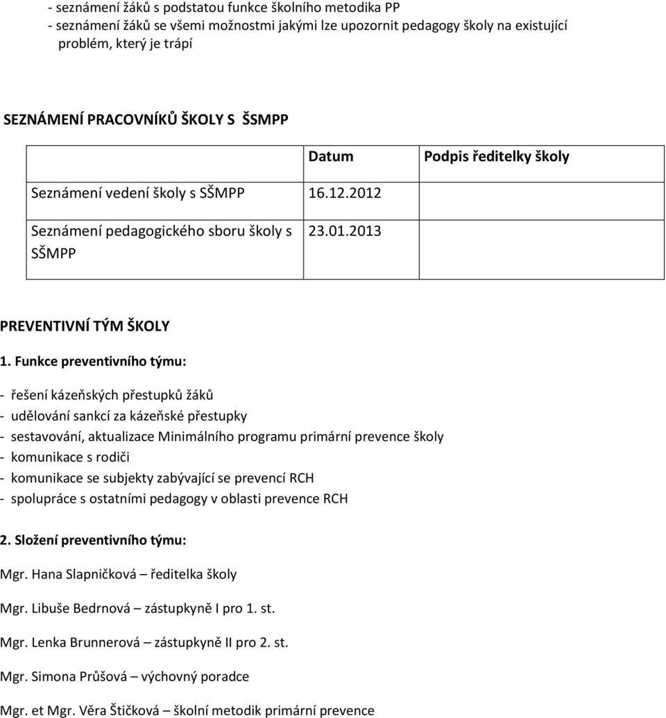 Funkce preventivního týmu: - řešení kázeňských přestupků žáků - udělování sankcí za kázeňské přestupky - sestavování, aktualizace Minimálního programu primární prevence školy - komunikace s rodiči -