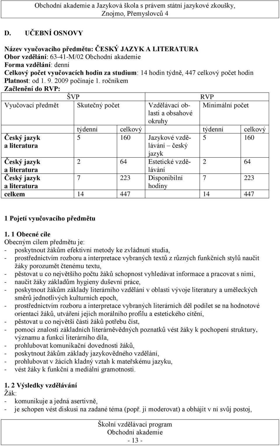 Platnost: od 1. 9. 2009 počínaje 1.