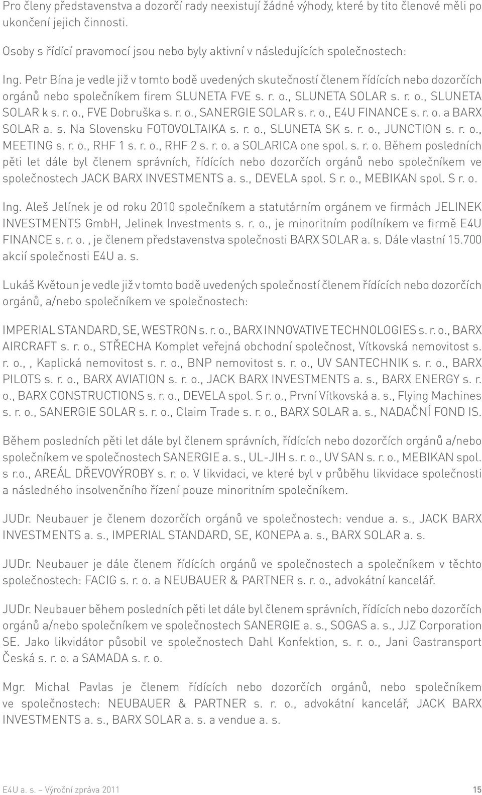 Petr Bína je vedle již v tomto bodě uvedených skutečností členem řídících nebo dozorčích orgánů nebo společníkem firem SLUNETA FVE s. r. o., SLUNETA SOLAR s. r. o., SLUNETA SOLAR k s. r. o., FVE Dobruška s.