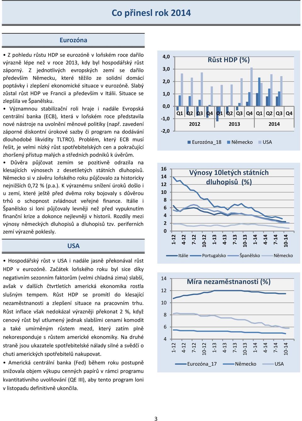 Situace se zlepšila ve Španělsku. Významnou stabilizační roli hraje i nadále Evropská centrální banka (ECB), která v loňském roce představila nové nástroje na uvolnění měnové politiky (např.