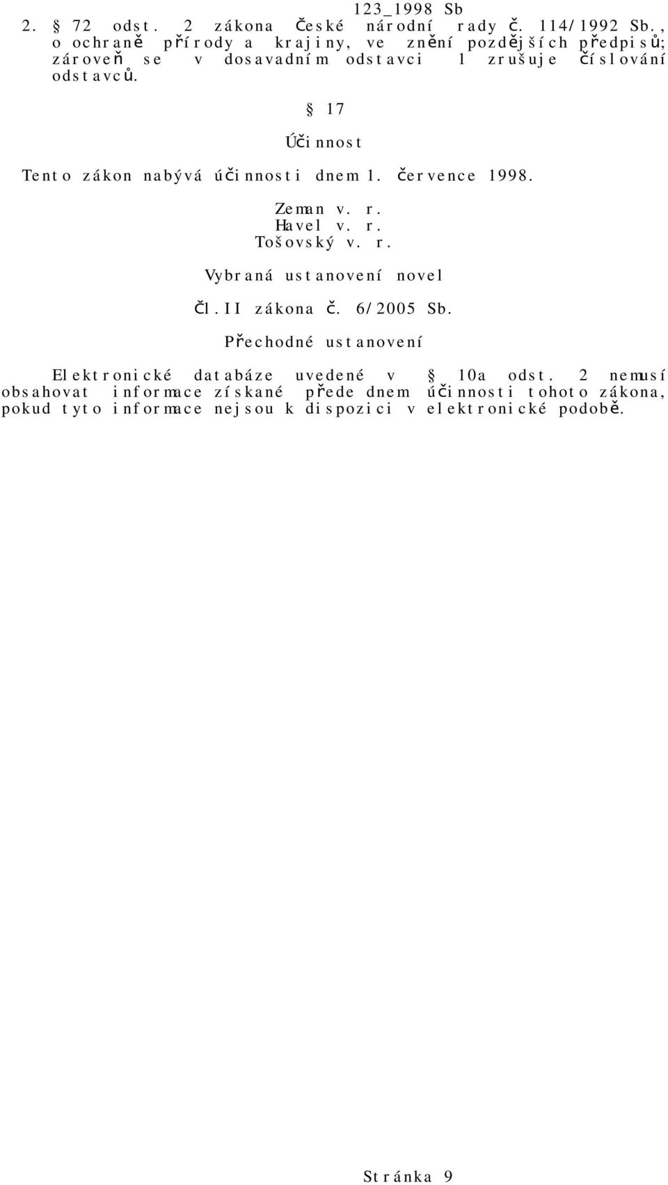 17 Účinnost Tento zákon nabývá účinnosti dnem 1. července 1998. Zeman v. r. Havel v. r. Tošovský v. r. Vybraná ustanovení novel Čl.
