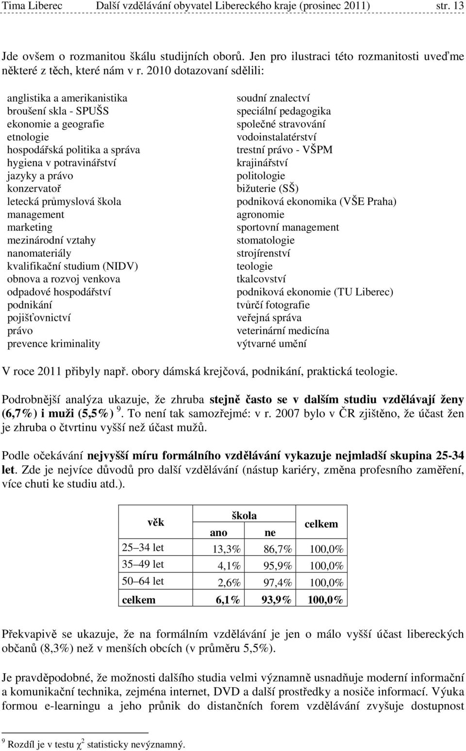 2010 dotazovaní sdělili: anglistika a amerikanistika broušení skla - SPUŠS ekonomie a geografie etnologie hospodářská politika a správa hygiena v potravinářství jazyky a právo konzervatoř letecká