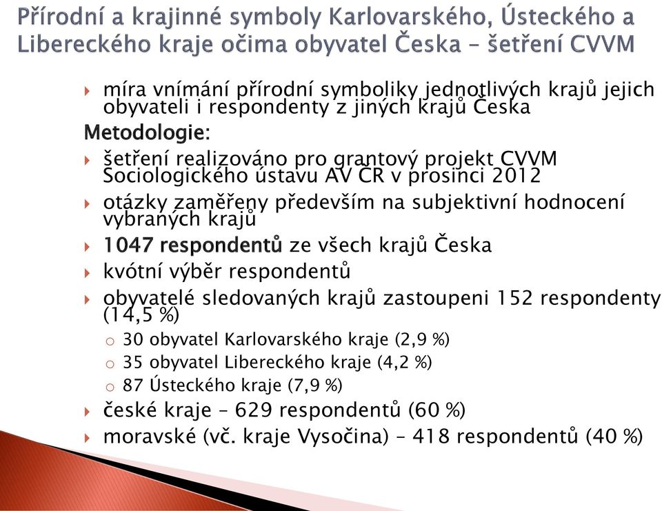 krajů Česka kvótní výběr respondentů obyvatelé sledovaných krajů zastoupeni 152 respondenty (14,5 %) o 30 obyvatel Karlovarského kraje (2,9 %) o 35