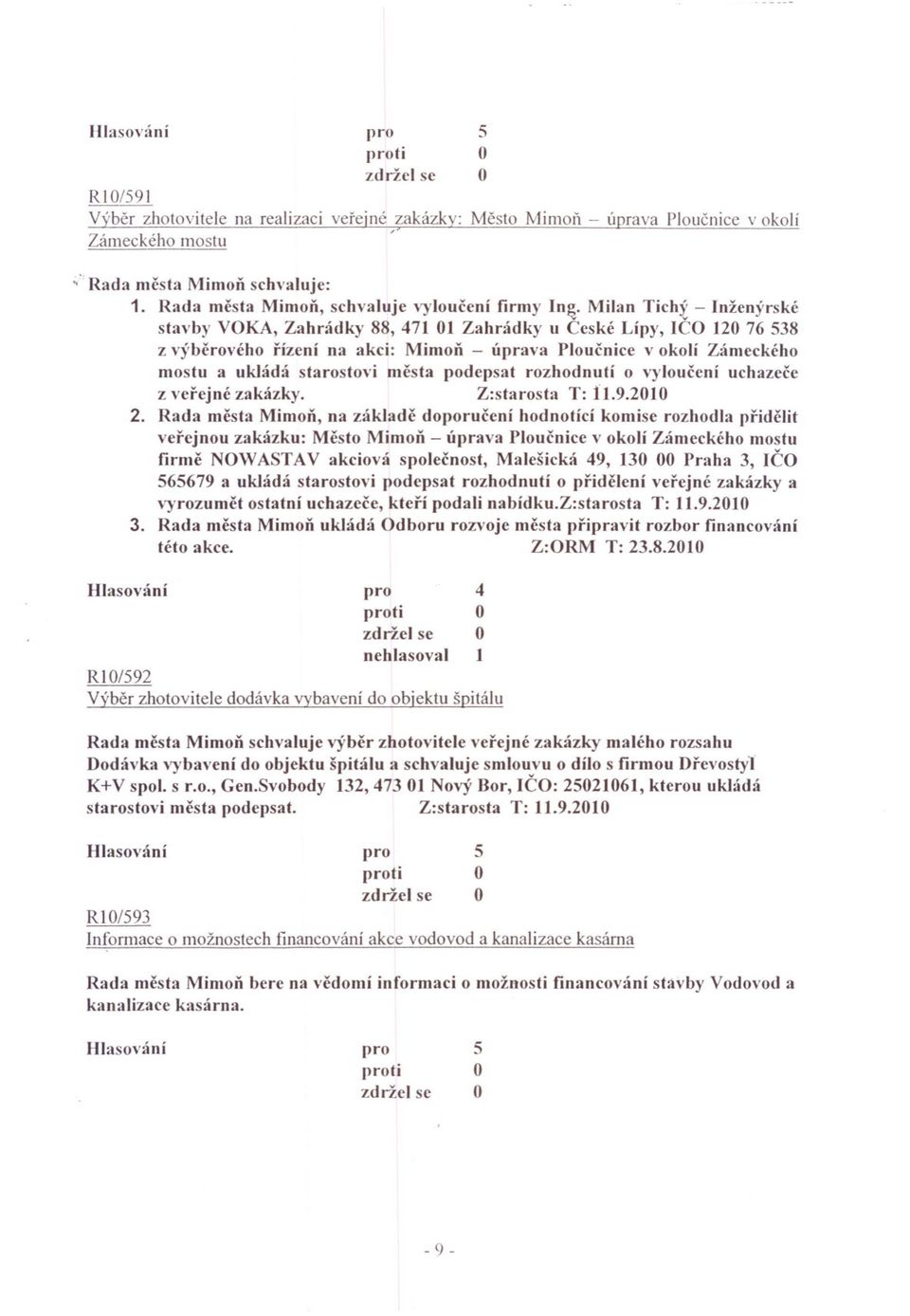 Milan Ticht - Inžen)'rské stavby VKA, Zahrádky 88, 7 0 Zahrádky u Ceské Lípy, IC no 76 38 z v)'bcrového rízení na akci: Mimon - úprava Ploucnice v okolí Zámeckého mostu a ukládá starostovi mcsta