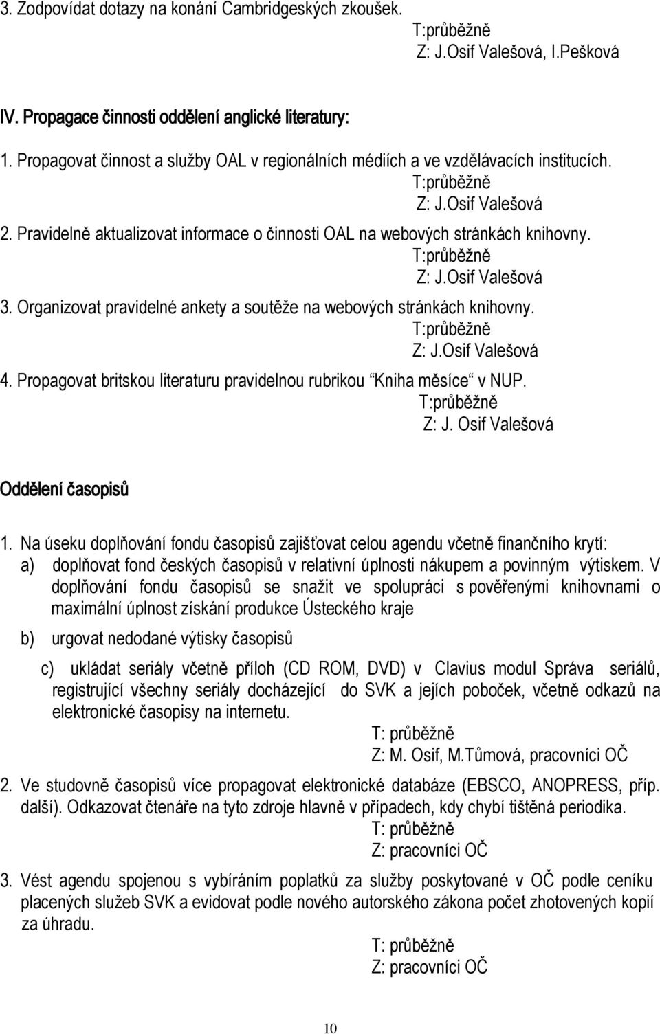 Organizovat pravidelné ankety a soutěže na webových stránkách knihovny. Z: J.Osif Valešová 4. Propagovat britskou literaturu pravidelnou rubrikou Kniha měsíce v NUP. Z: J. Osif Valešová Oddělení časopisů 1.