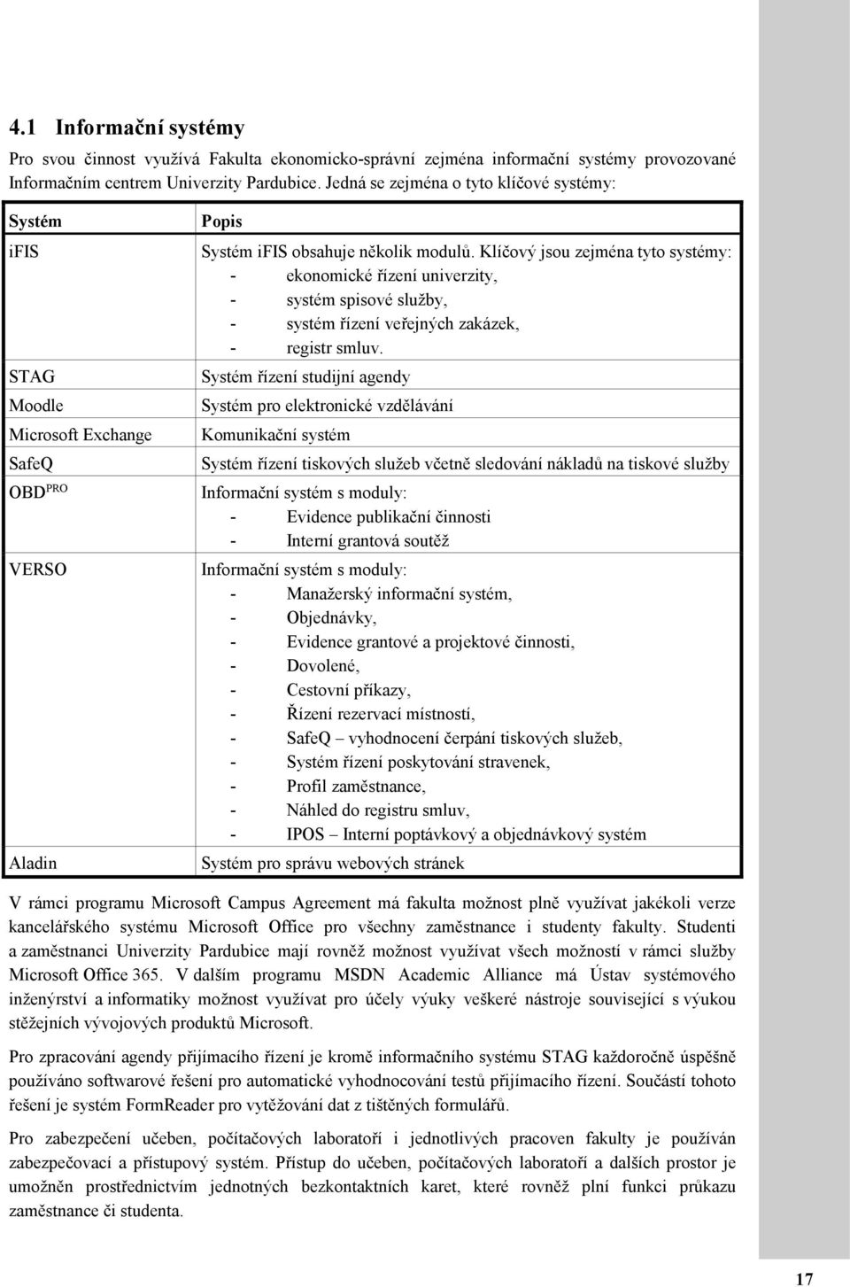 Klíčový jsou zejména tyto systémy: - ekonomické řízení univerzity, - systém spisové služby, - systém řízení veřejných zakázek, - registr smluv.