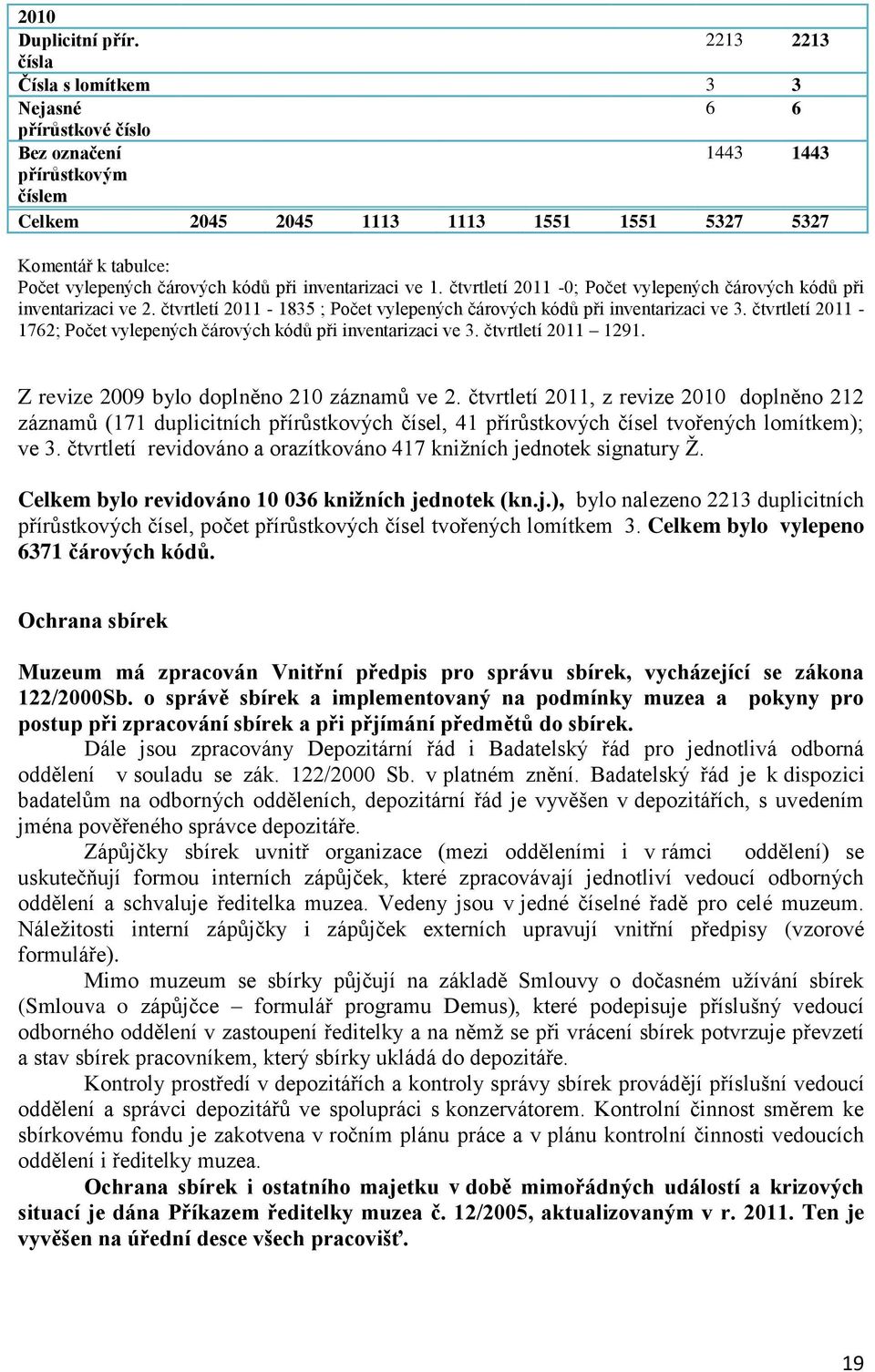 čárových kódů při inventarizaci ve 1. čtvrtletí 2011-0; Počet vylepených čárových kódů při inventarizaci ve 2. čtvrtletí 2011-1835 ; Počet vylepených čárových kódů při inventarizaci ve 3.