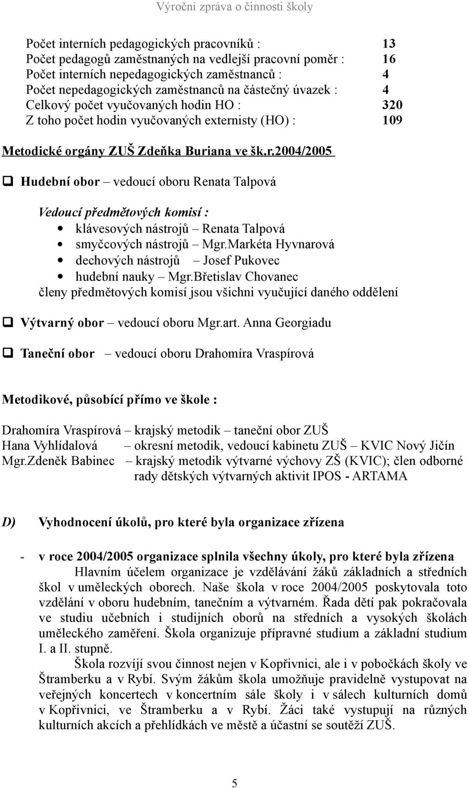 isty (HO) : 13 16 4 4 320 109 Metodické orgány ZUŠ Zdeňka Buriana ve šk.r.2004/2005 Hudební obor vedoucí oboru Renata Talpová Vedoucí předmětových komisí : klávesových nástrojů Renata Talpová smyčcových nástrojů Mgr.