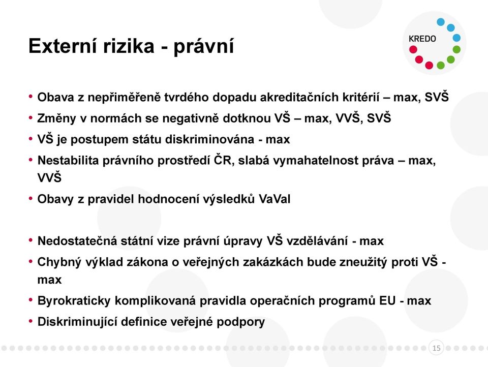 pravidel hodnocení výsledků VaVaI Nedostatečná státní vize právní úpravy VŠ vzdělávání - max Chybný výklad zákona o veřejných