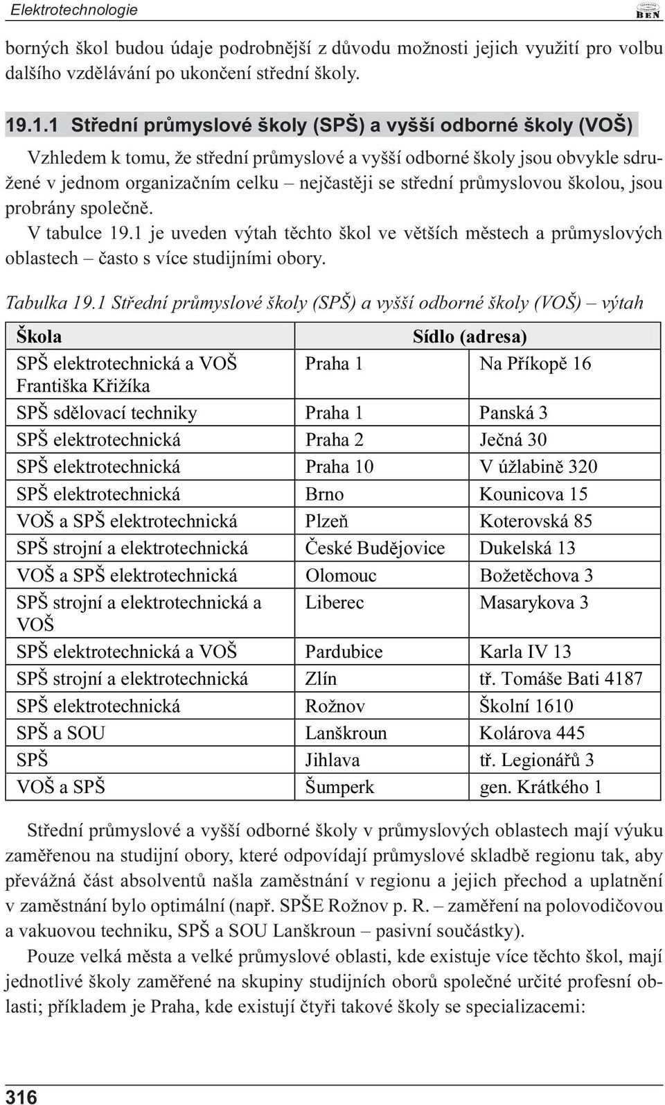 prùmyslovou školou, jsou probrány spoleènì. V tabulce 19.1 je uveden výtah tìchto škol ve vìtších mìstech a prùmyslových oblastech èasto s více studijními obory. Tabulka 19.