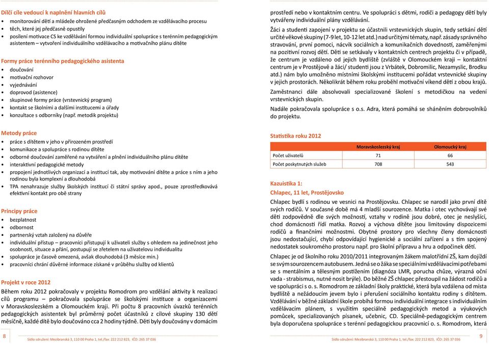 rozhovor vyjednávání doprovod (asistence) skupinové formy práce (vrstevnický program) kontakt se školními a dalšími institucemi a úřady konzultace s odborníky (např.