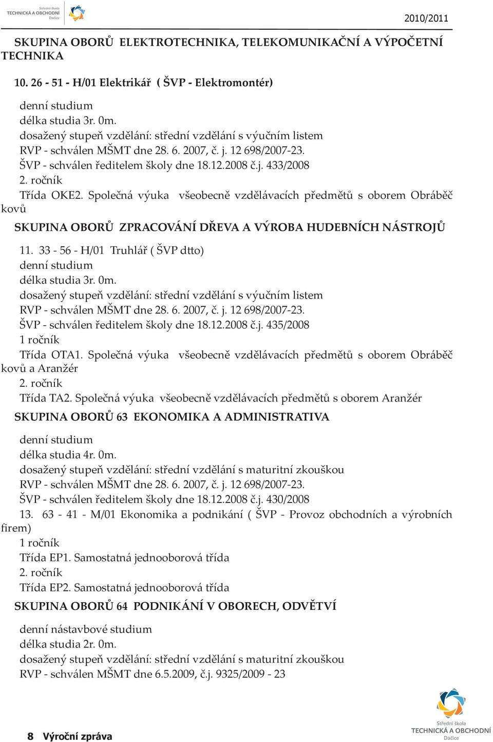 Společná výuka všeobecně vzdělávacích předmětů s oborem Obráběč kovů SKUPINA OBORŮ ZPRACOVÁNÍ DŘEVA A VÝROBA HUDEBNÍCH NÁSTROJŮ 11. 33-56 - H/01 Truhlář ( ŠVP d o) denní studium délka studia 3r. 0m.