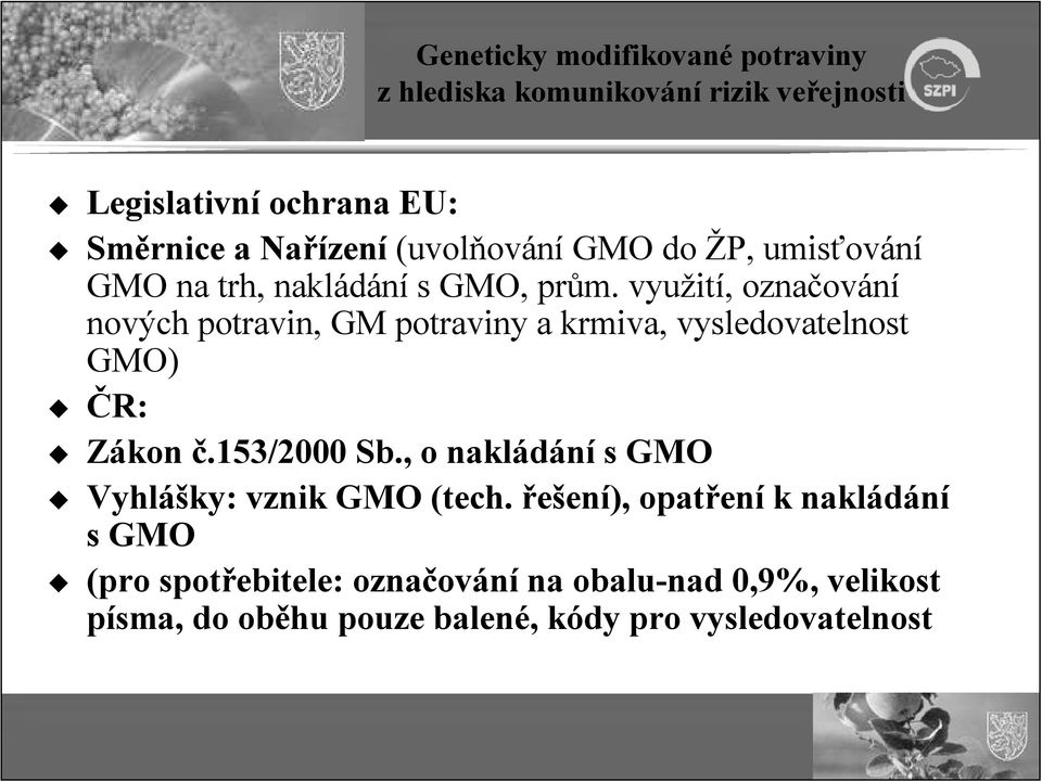 využití, označování nových potravin, GM potraviny a krmiva, vysledovatelnost GMO) ČR: Zákon č.