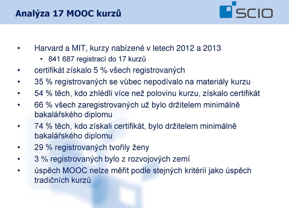 všech zaregistrovaných už bylo držitelem minimálně bakalářského diplomu 74 % těch, kdo získali certifikát, bylo držitelem minimálně bakalářského