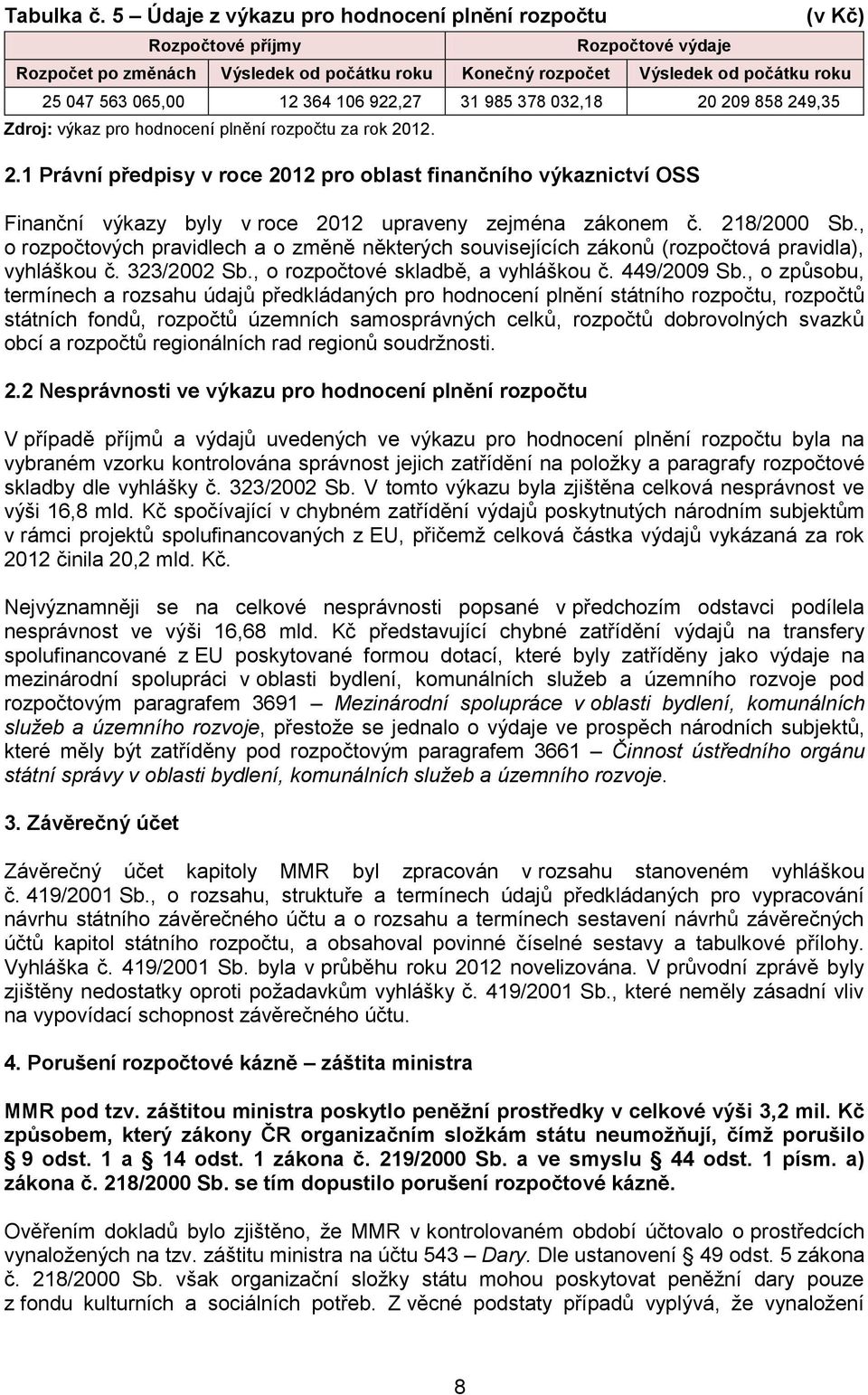 364 106 922,27 31 985 378 032,18 20 209 858 249,35 Zdroj: výkaz pro hodnocení plnění rozpočtu za rok 2012. 2.1 Právní předpisy v roce 2012 pro oblast finančního výkaznictví OSS Finanční výkazy byly v roce 2012 upraveny zejména zákonem č.