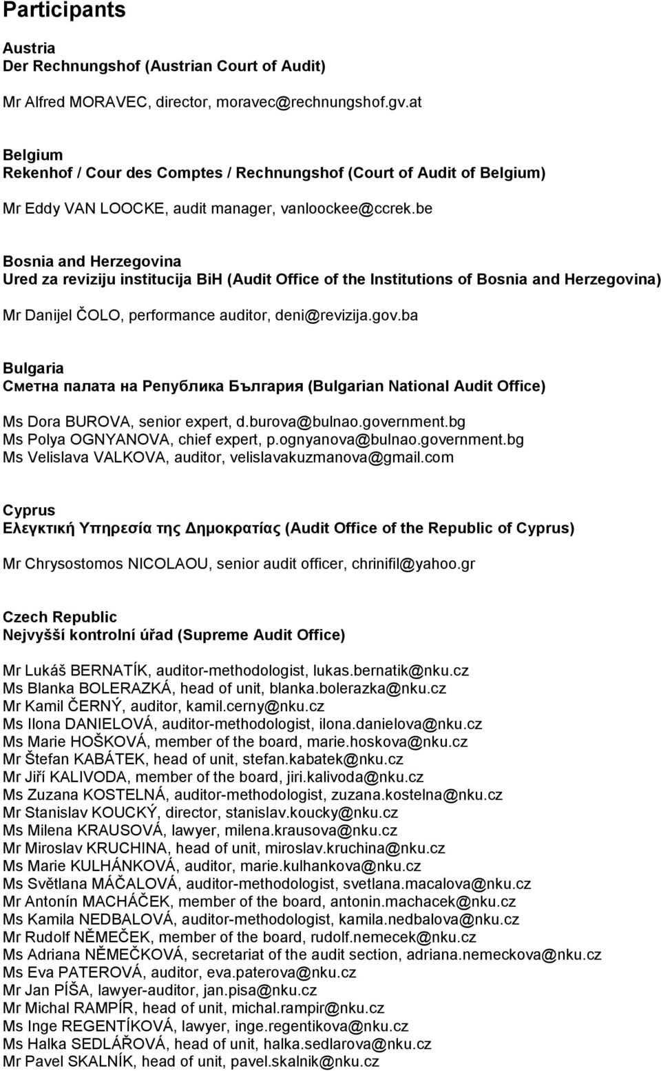 be Bosnia and Herzegovina Ured za reviziju institucija BiH (Audit Office of the Institutions of Bosnia and Herzegovina) Mr Danijel ČOLO, performance auditor, deni@revizija.gov.ba Bulgaria Сметна палата на Република България (Bulgarian National Audit Office) Ms Dora BUROVA, senior expert, d.