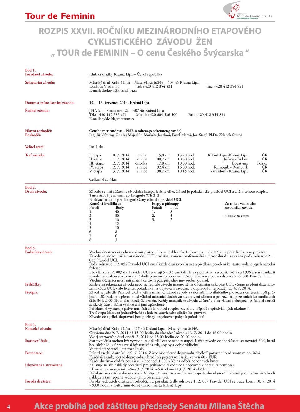 354 821 E-mail: doskova@krasnalipa.cz Datum a místo konání závodu: Ředitel závodu: 10. 13. července 2014, Krásná Lípa Jiří Vích Smetanova 22 407 46 Krásná Lípa Tel.