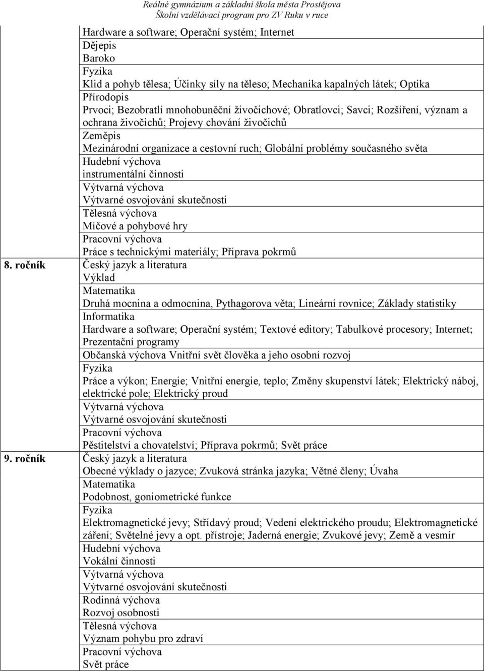 osvojování skutečnosti Míčové a pohybové hry Práce s technickými materiály; Příprava pokrmů 8.