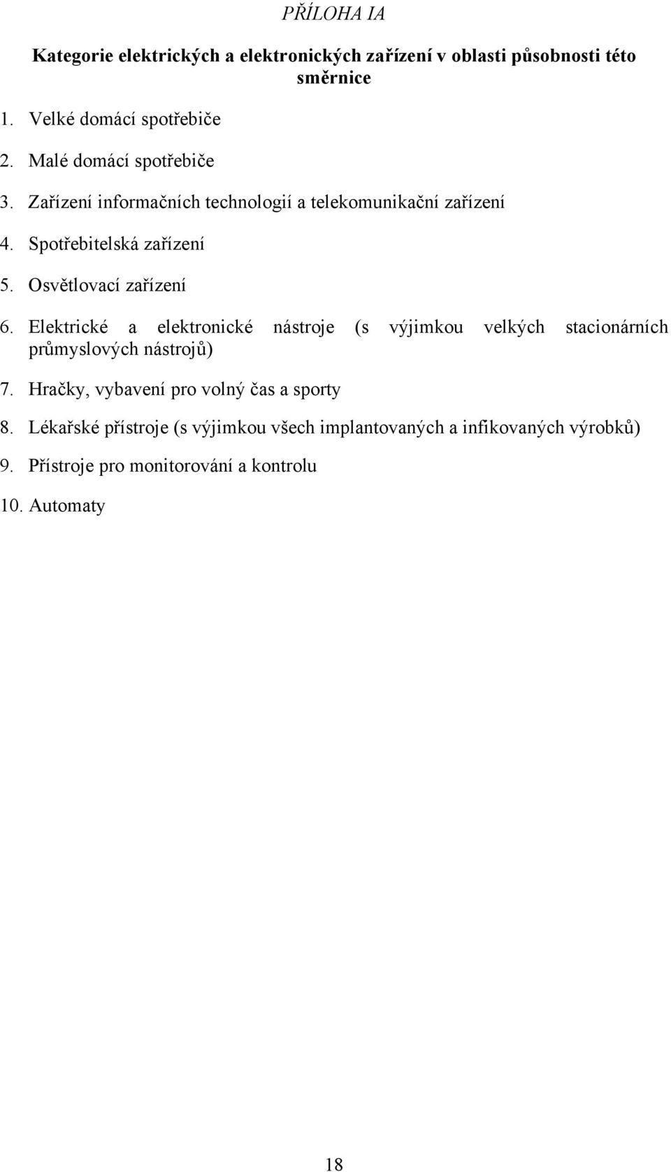 Osvětlovací zařízení 6. Elektrické a elektronické nástroje (s výjimkou velkých stacionárních průmyslových nástrojů) 7.