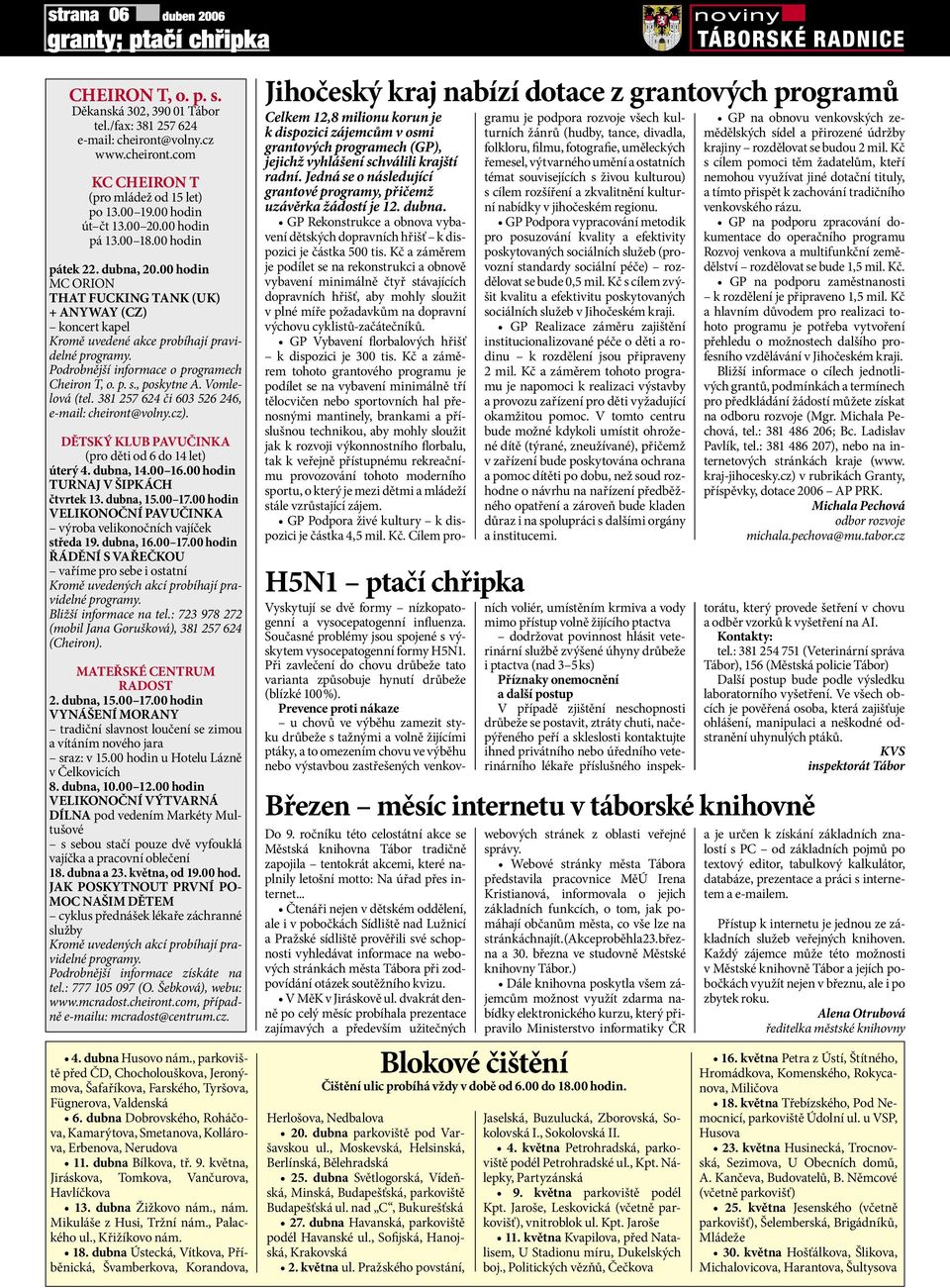 Podrobnější informace o programech Cheiron T, o. p. s., poskytne A. Vomlelová (tel. 381 257 624 či 603 526 246, e-mail: cheiront@volny.cz). DĚTSKÝ KLUB PAVUČINKA (pro děti od 6 do 14 let) úterý 4.