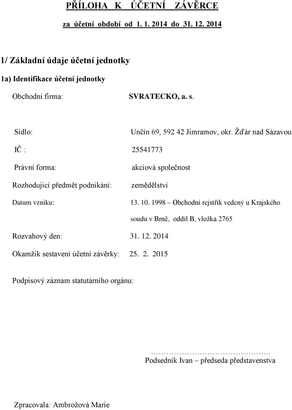 Žďár nad Sázavou IČ : 25541773 Právní forma: Rozhodující předmět podnikání: Datum vzniku: akciová společnost zemědělství 13. 10.