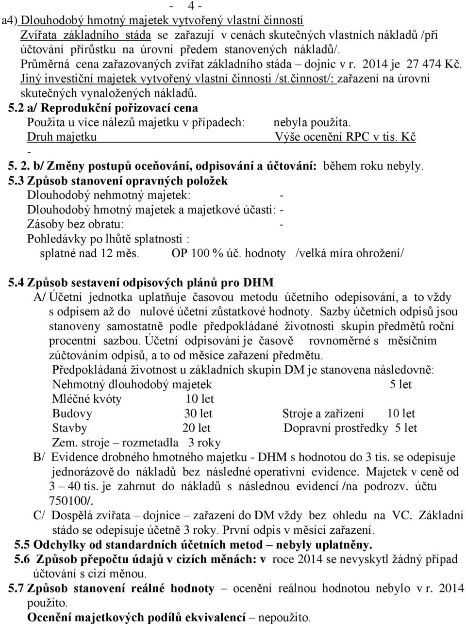 5.2 a/ Reprodukční pořizovací cena Použita u více nálezů majetku v případech: nebyla použita. Druh majetku Výše ocenění RPC v tis. Kč - 5. 2.