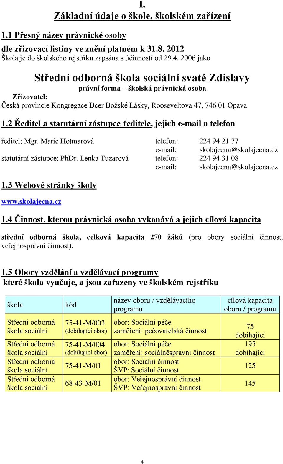 2 Ředitel a statutární zástupce ředitele, jejich e-mail a telefon ředitel: Mgr. Marie Hotmarová telefon: 224 94 2 77 e-mail: skolajecna@skolajecna.cz statutární zástupce: PhDr.