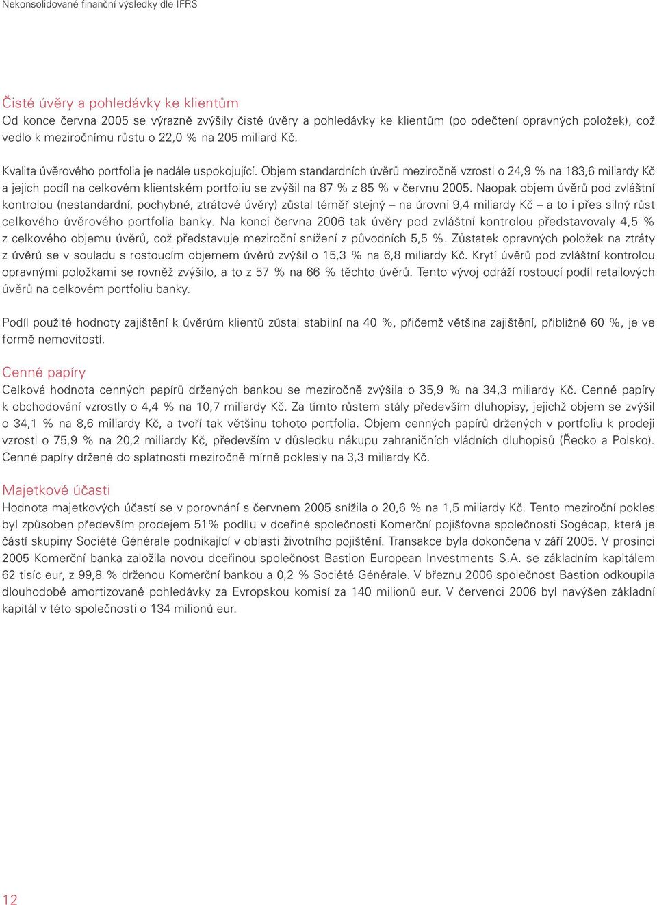 Objem standardních úvěrů meziročně vzrostl o 24,9 % na 183,6 miliardy Kč a jejich podíl na celkovém klientském portfoliu se zvýšil na 87 % z 85 % v červnu 2005.