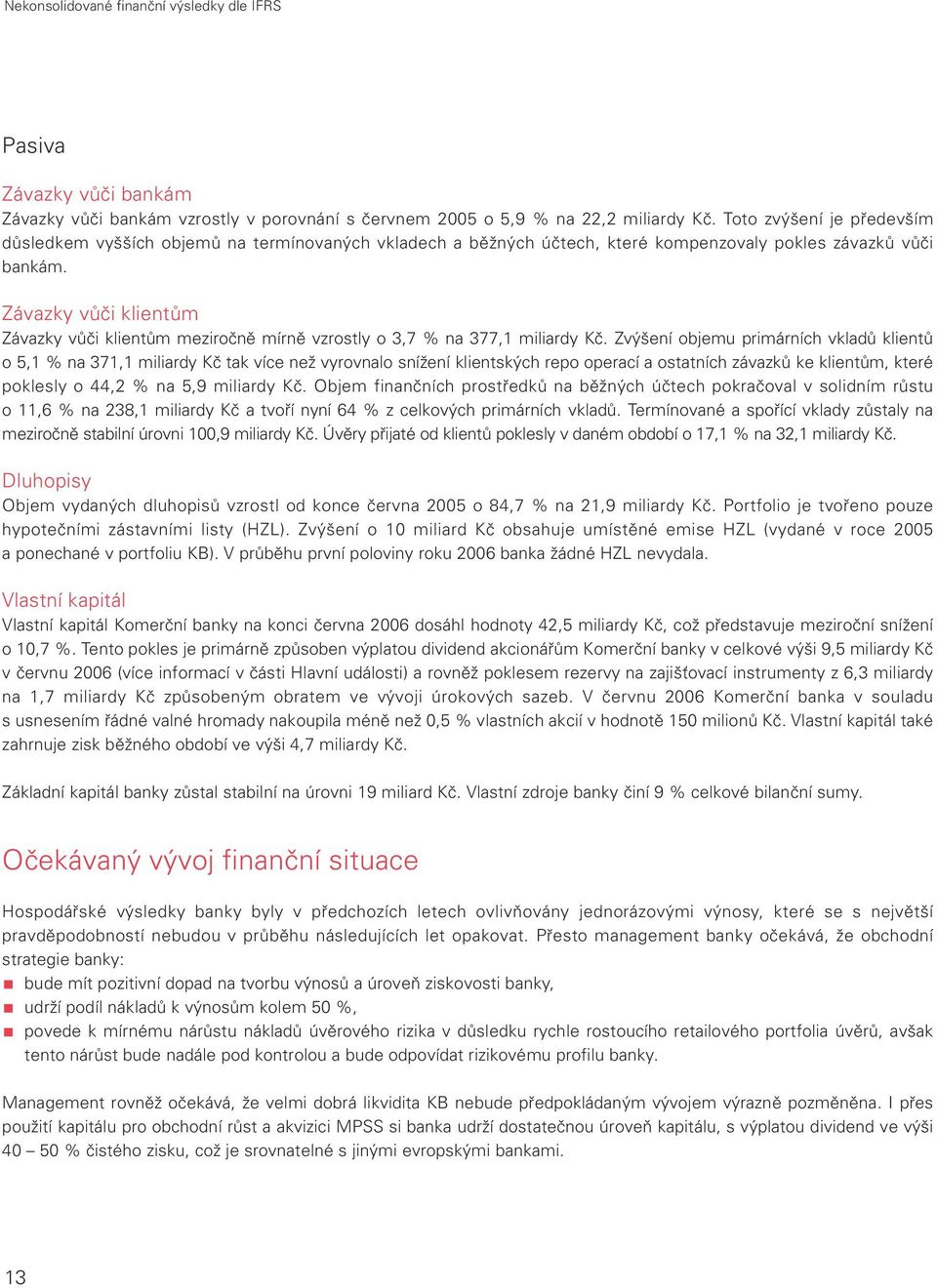 Závazky vůči klientům Závazky vůči klientům meziročně mírně vzrostly o 3,7 % na 377,1 miliardy Kč.