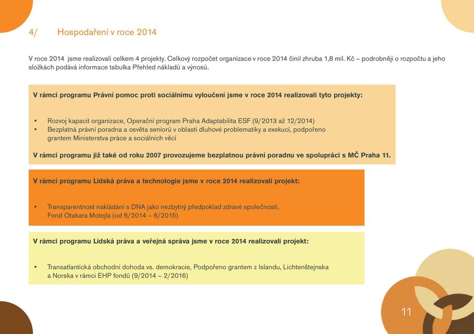 V rámci programu Právní pomoc proti sociálnímu vyloučení jsme v roce 2014 realizovali tyto projekty: Rozvoj kapacit organizace, Operační program Praha Adaptabilita ESF (9/2013 až 12/2014) Bezplatná