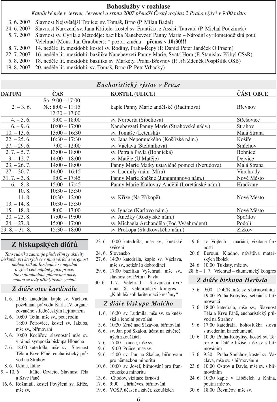 Jan Graubner); * pozor, změna přenos v 10:30!!! 8. 7. 2007 14. neděle lit. mezidobí: kostel sv. Rodiny, Praha-Řepy (P. Daniel Peter Janáček O.Praem) 22. 7. 2007 16. neděle lit. mezidobí: bazilika Nanebevzetí Panny Marie, Svatá Hora (P.