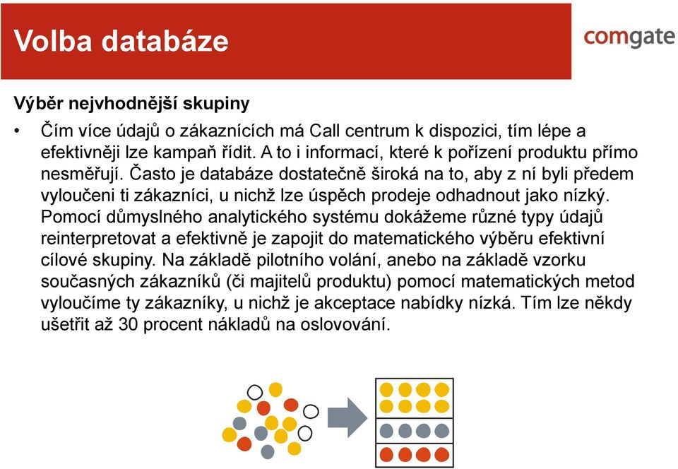 Často je databáze dostatečně široká na to, aby z ní byli předem vyloučeni ti zákazníci, u nichž lze úspěch prodeje odhadnout jako nízký.